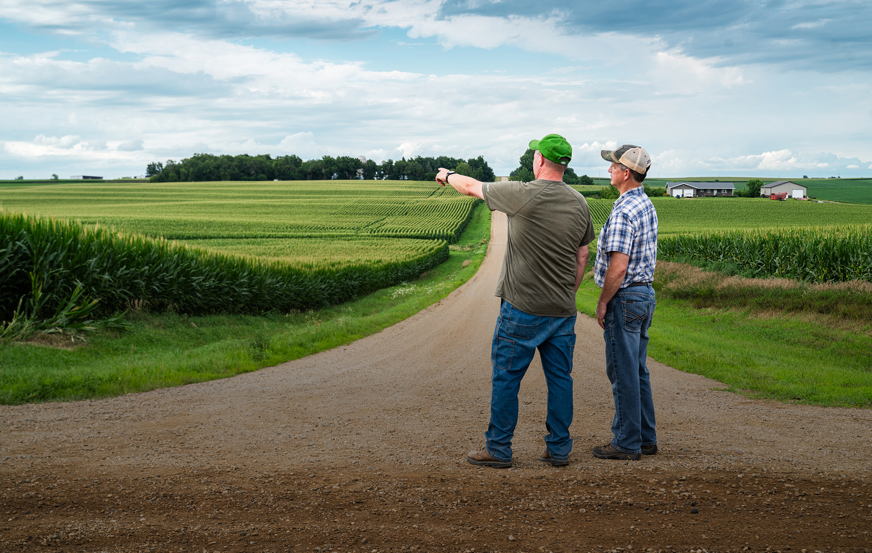 Two men standing in a dirt road, pointing out over a cornfield.