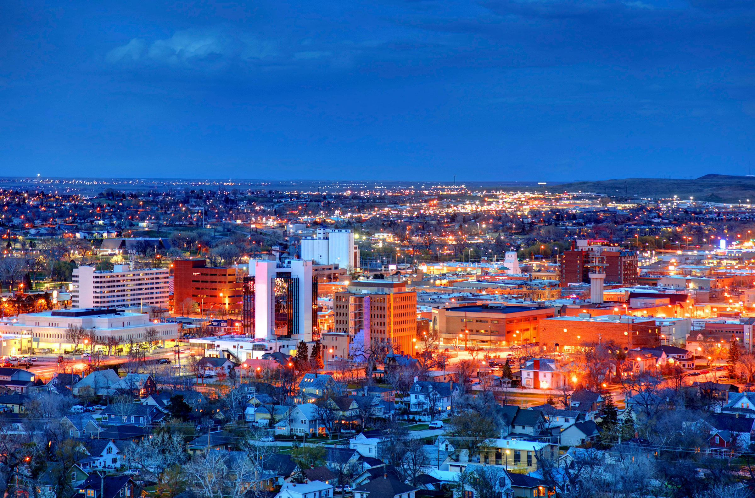 Aerial view of city in South Dakota at night.