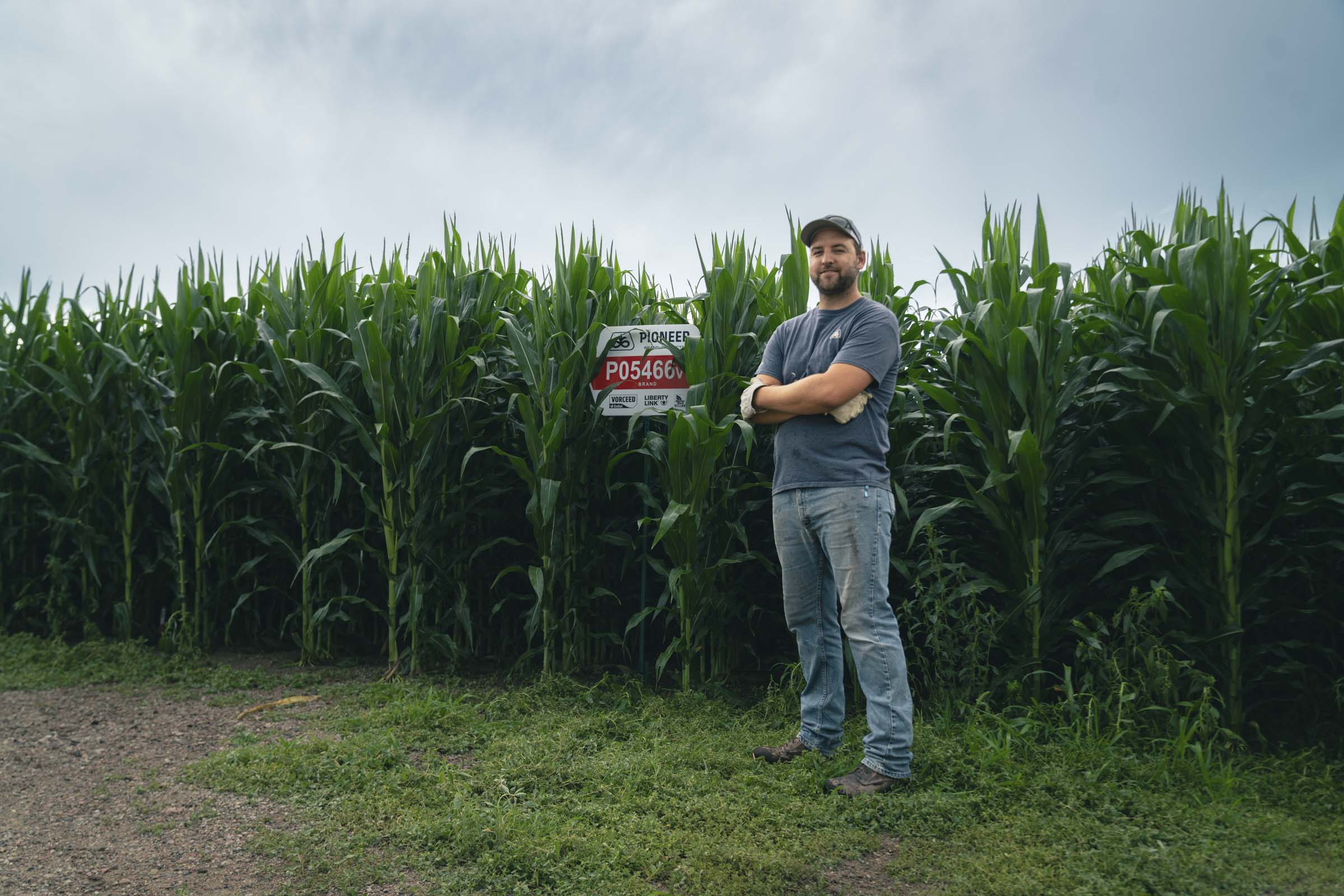 Man standing in front of cornfield.