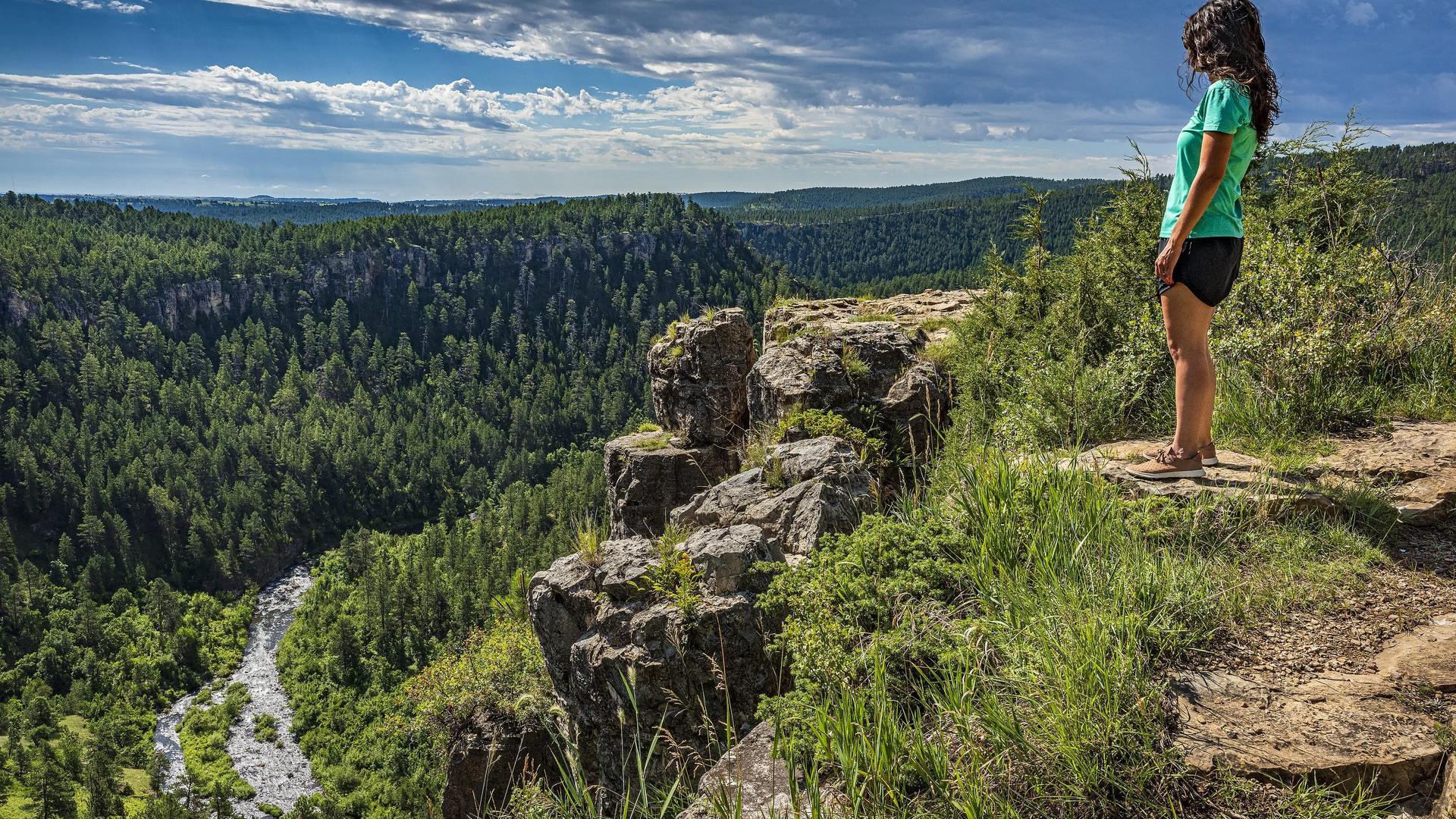 Woman on cliff overlooking mountains covered in trees.
