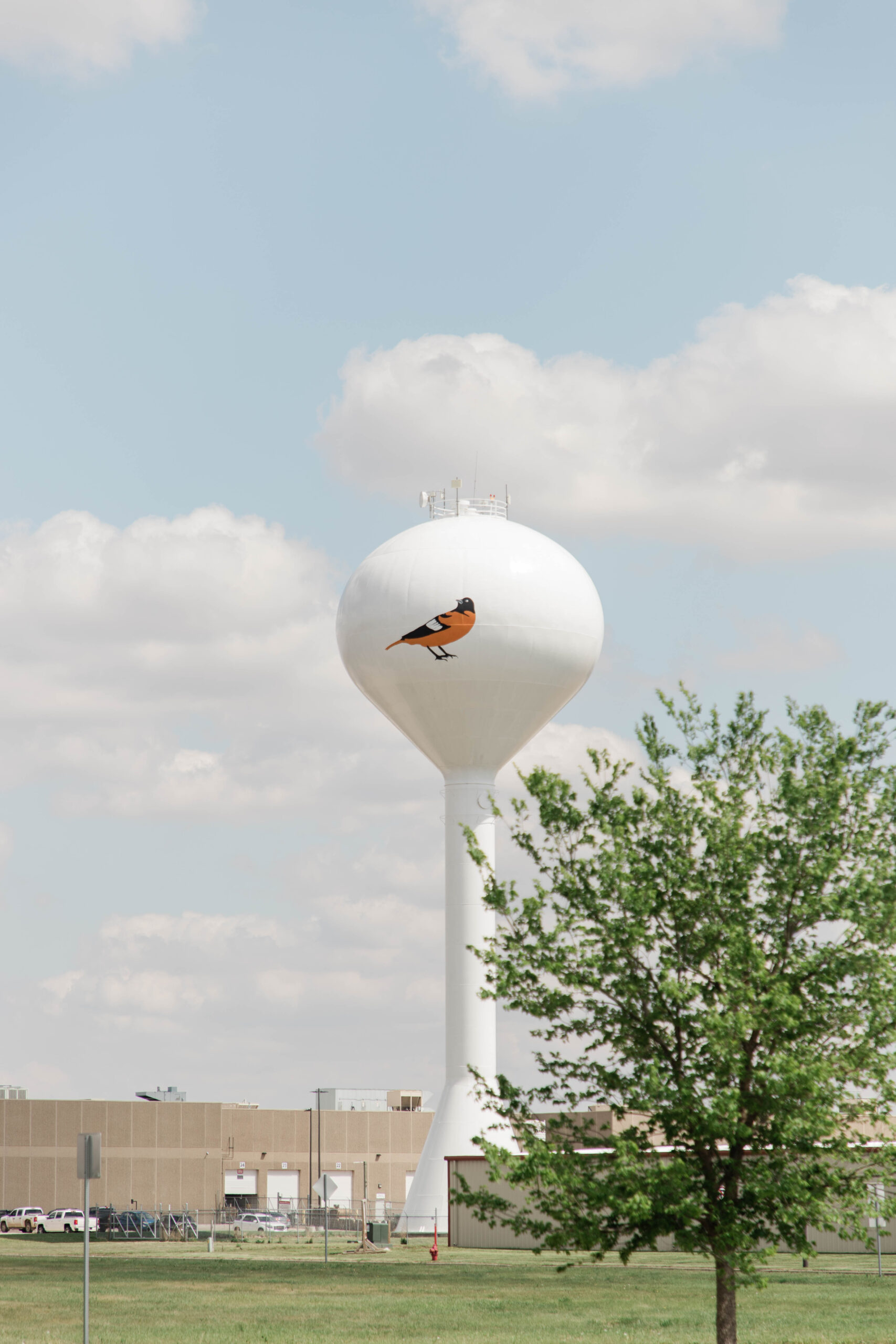 Water tower in Lennox, South Dakota, featuring an orange and black bird logo with industrial buildings and trees in the background.